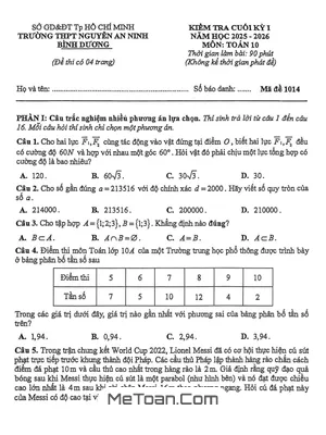 Đề thi cuối kỳ 1 Toán 10 năm 2025 – 2026 trường THPT Nguyễn An Ninh - TP.HCM