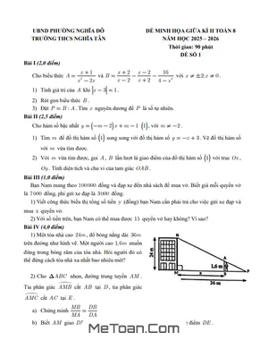Đề minh hoạ giữa kì 2 Toán 8 năm 2025 – 2026 trường THCS Nghĩa Tân – Hà Nội
