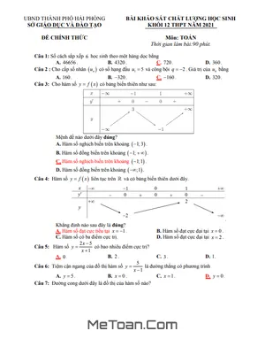 Đề khảo sát chất lượng Toán 12 THPT năm 2021 sở GD&ĐT Hải Phòng