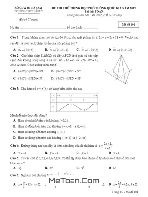 Đề thi thử THPT Quốc gia 2019 môn Toán trường THPT Bắc Lý – Hà Nam