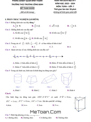 Đề Tham Khảo Giữa Kỳ 1 Toán 7 Năm 2023 - 2024 Trường THCS Trương Công Định - TP HCM