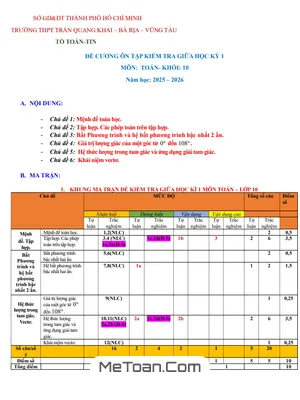 Đề Cương Ôn Thi Giữa Kỳ 1 Toán 10 Năm Học 2025-2026 Trường THPT Trần Quang Khải - TPHCM