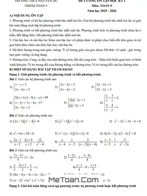 Đề cương học kỳ 1 Toán 9 năm học 2025 – 2026 trường THCS Nguyễn Du – Hà Nội