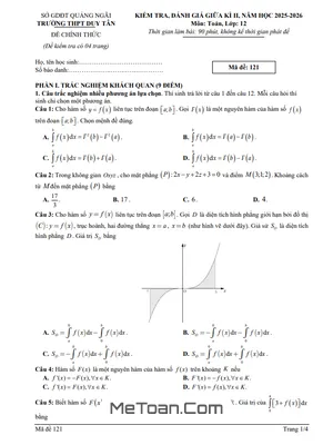 Đề Thi Giữa Học Kỳ 2 Toán 12 Năm 2025-2026 Trường THPT Duy Tân - Quảng Ngãi Có Đáp Án
