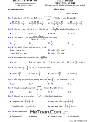 Đề kiểm tra KSCĐ lần 1 Toán 11 năm 2023 – 2024 trường THPT Xuân Hòa – Vĩnh Phúc