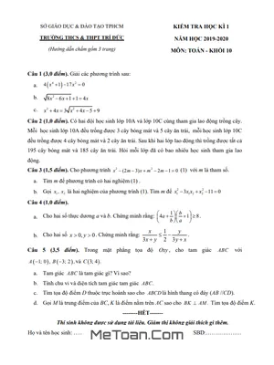 Đề thi học kì 1 Toán 10 năm 2019 - 2020 trường THCS&THPT Trí Đức - TP HCM