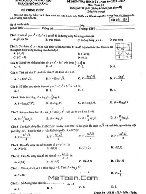 Đề thi HK1 Toán 12 năm học 2018 - 2019 sở GD&ĐT Đà Nẵng