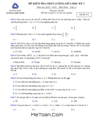 Đề thi giữa HK1 Toán 11 năm 2019 - 2020 trường Lương Thế Vinh - Hà Nội (có đáp án)