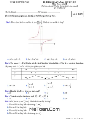 Đề thi KSCĐ lần 1 năm học 2017 - 2018 môn Toán 12 trường THPT Phạm Công Bình - Vĩnh Phúc