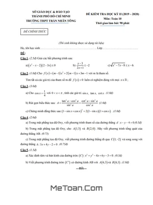 Đề thi học kì 2 Toán 10 năm 2019 - 2020 trường THPT Trần Nhân Tông - TP HCM