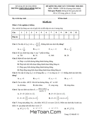 Đề thi HK1 Toán 11 năm 2020 - 2021 trường Phan Đình Phùng - Quảng Bình