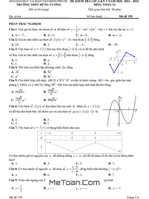 Đề Thi Giữa Kì 1 Toán 12 Năm 2023 - 2024 Trường THPT Hùng Vương - Bình Phước