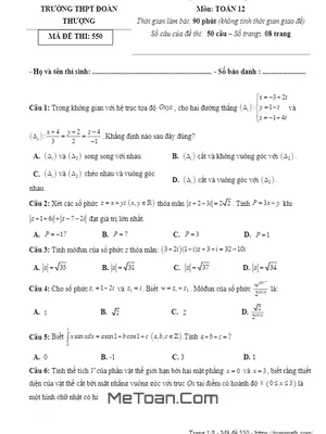 Đề thi học kì 2 Toán 12 năm 2018 - 2019 trường Đoàn Thượng - Hải Dương