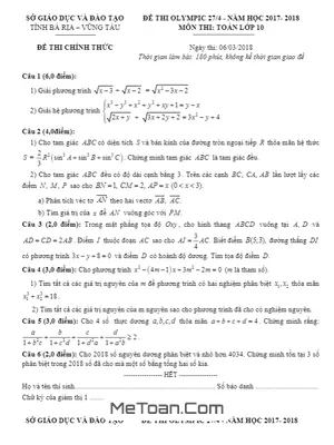 Đề thi Olympic 27/4 Toán 10 năm 2017 - 2018 sở GD&ĐT Bà Rịa - Vũng Tàu