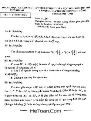 Đề chọn đội tuyển thi HSG Toán Quốc gia năm 2020 - 2021 sở GD&ĐT Tiền Giang
