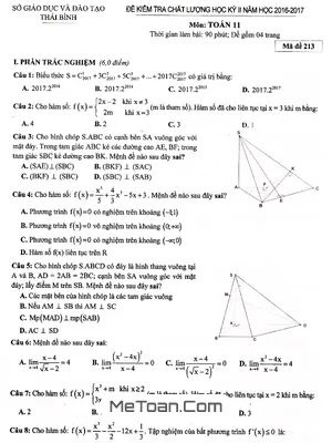 Đề thi HK2 Toán 11 năm học 2016 - 2017 Sở GD&ĐT Thái Bình