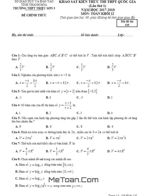 Đề Thi Thử Toán 2018 Lần 1 - THPT Triệu Sơn 3 Thanh Hóa (Có Đáp Án)