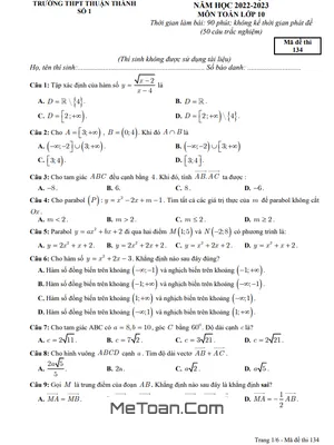 Đề khảo sát lần 2 Toán 10 năm 2022 – 2023 trường THPT Thuận Thành 1 – Bắc Ninh