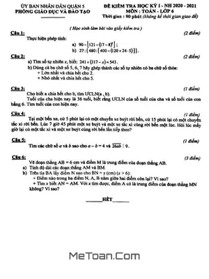 Đề thi HK1 Toán 6 năm 2020 - 2021 phòng GD&ĐT Quận 5 - TP HCM