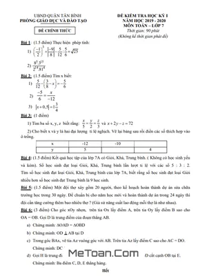 Đề thi học kỳ 1 Toán lớp 7 năm 2019 - 2020 phòng GD&ĐT Tân Bình - TP HCM