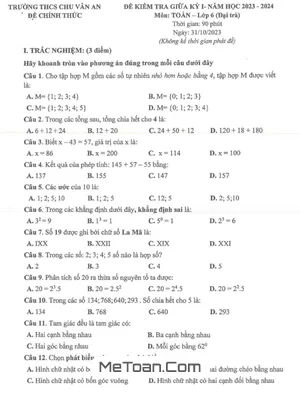 Đề thi giữa học kỳ 1 Toán lớp 6 năm 2023 - 2024 trường THCS Chu Văn An - Bình Dương