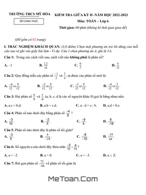 Đề thi giữa kỳ 2 Toán lớp 6 năm 2022 - 2023 trường THCS Mỹ Hòa - Quảng Nam