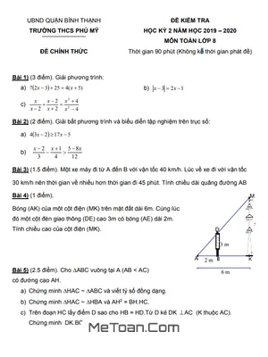 Đề thi học kì 2 Toán lớp 8 năm 2019 - 2020 trường THCS Phú Mỹ - TP HCM (có lời giải)