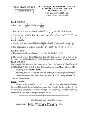 Đề thi HSG Toán 7 cấp huyện năm 2015 - 2016 phòng GD&ĐT Sông Lô - Vĩnh Phúc