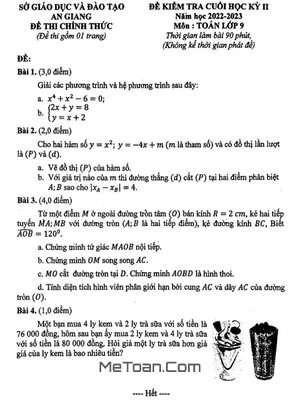 Đề thi Toán 9 học kỳ 2 năm 2022 - 2023 sở GD&ĐT An Giang