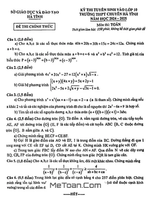 Đề thi tuyển sinh lớp 10 môn Toán trường THPT chuyên Hà Tĩnh năm 2024 - 2025
