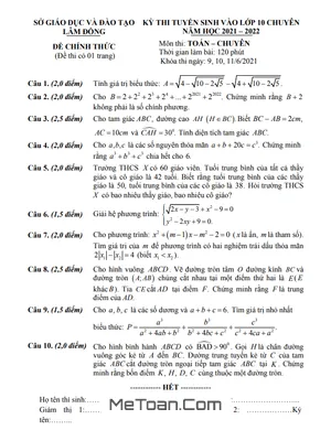 Đề thi vào lớp 10 chuyên Toán sở GD&ĐT Lâm Đồng năm học 2021 - 2022