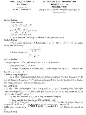 Đề thi Toán vào lớp 10 THPT Hải Phòng năm 2019 - 2020