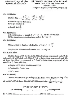 Đề thi HSG Toán 9 cấp thị xã năm 2023 - 2024 phòng GD&ĐT Đông Hòa - Phú Yên