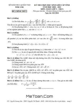 Đề thi HSG Toán 9 cấp tỉnh năm 2020-2021 - Sở GD&ĐT Đắk Lắk