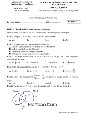 Đề giữa học kỳ 1 Toán 10 năm 2024 - 2025 trường THPT Nguyễn Du - Nam Định