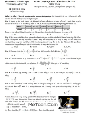 Đề minh họa HSG tỉnh Toán 12 năm 2024 - 2025 sở GD&ĐT Bà Rịa - Vũng Tàu