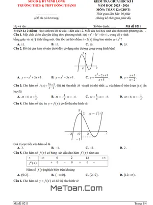 Đề Thi Giữa Học Kỳ 1 Toán 12 Năm 2025 – 2026 Trường Đông Thành, Vĩnh Long (Có Đáp Án)