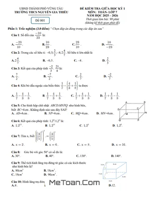 Đề thi Giữa Học Kỳ 1 Môn Toán Lớp 7 Năm Học 2025-2026 Trường THCS Nguyễn Gia Thiều, TP.HCM (Kèm Đáp Án Chi Tiết)