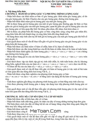 Đề cương ôn tập học kì 1 Toán 11 trường THPT Nguyễn Trãi – Đà Nẵng 2025 – 2026