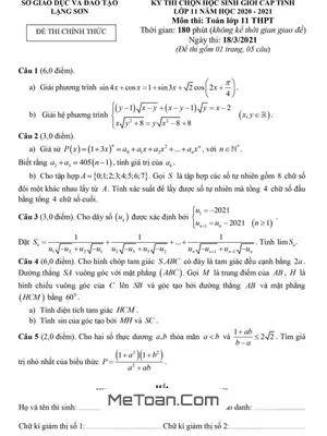 Đề thi HSG cấp tỉnh Toán 11 năm 2020 - 2021 Sở GD&ĐT Lạng Sơn