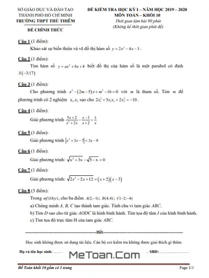Đề thi HK1 Toán 10 năm 2019 - 2020 trường THPT Thủ Thiêm - TP HCM
