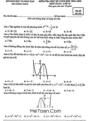 Đề thi học kì 1 Toán 12 năm 2022 - 2023 sở GD&ĐT Bình Dương