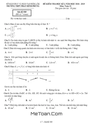 Đề thi HK1 Toán 12 năm học 2018 - 2019 trường THPT Phan Đình Phùng - Đắk Lắk - Mã đề 589