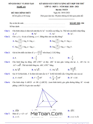 Đề khảo sát chất lượng Toán 12 đợt 1 năm 2020 – 2021 sở GD&ĐT Nghệ An
