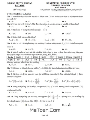 Đề Thi Cuối Kì 2 Toán 10 Năm 2023 - 2024 Sở GD&ĐT Bắc Ninh