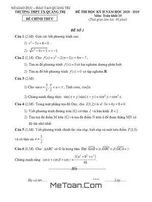 Đề thi học kỳ 2 Toán 10 năm 2018 - 2019 trường THPT Thị xã Quảng Trị