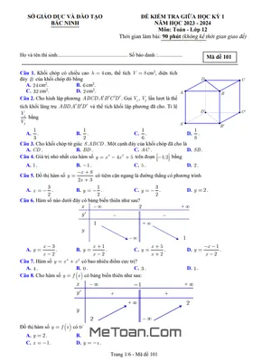 Đề kiểm tra giữa học kỳ 1 Toán 12 năm 2023 - 2024 sở GD&ĐT Bắc Ninh