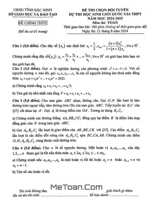 Đề chọn đội tuyển thi HSGQG môn Toán THPT năm 2024 - 2025 Sở GD&ĐT Bắc Ninh