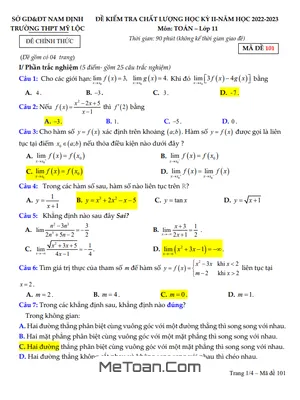 Đề thi học kỳ 2 Toán 11 năm 2022-2023 trường THPT Mỹ Lộc - Nam Định (có đáp án)