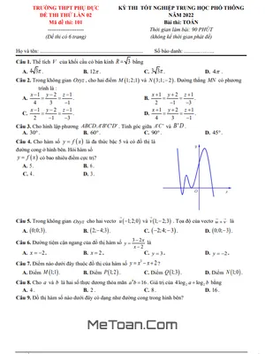 Đề thi thử tốt nghiệp THPT 2022 môn Toán lần 2 trường THPT Phụ Dực – Thái Bình